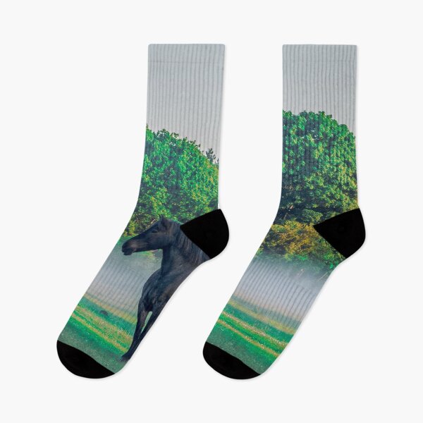Item preview, Black Horse In Foggy Meadow designed and sold by AnimalLover4eva.