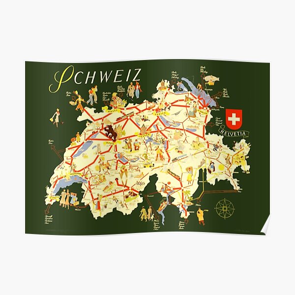 Switzerland Art Switzerland Wall Art Poster Switzerland Gift Map