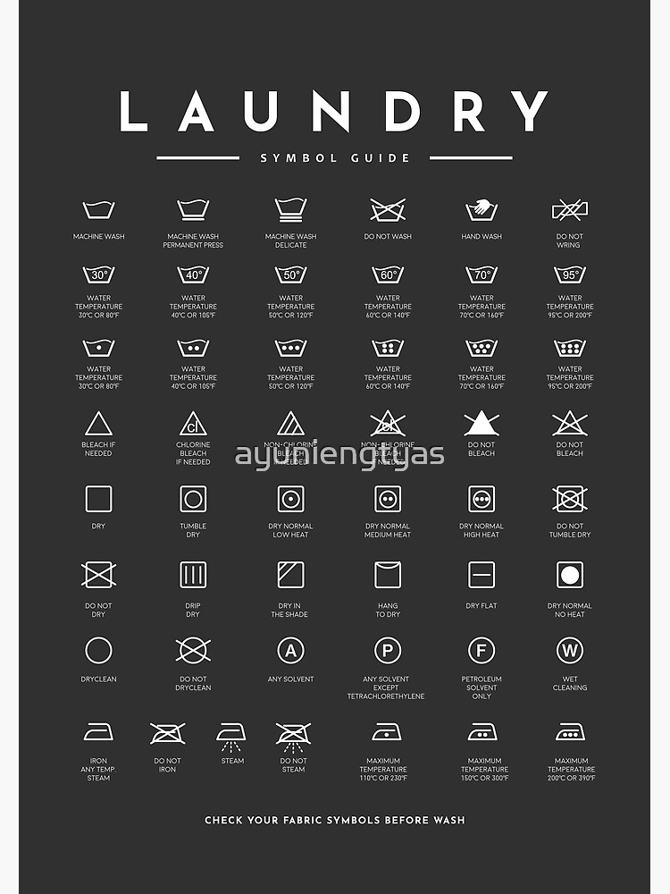 "Black Laundry Symbols Guide Care For Laundry Room Decor" Art Print by