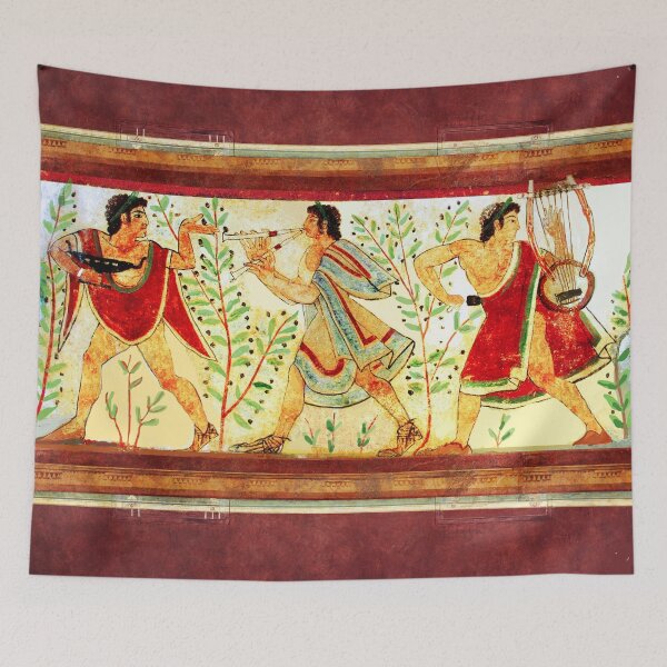 Item preview, ETRUSCAN DANCERS AND MUSICIANS WITH LYRA AND AULOS Antique Tarquinia Fresco designed and sold by BulganLumini.