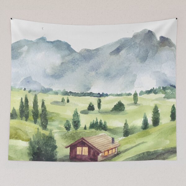 Item preview, Green Nature Landscape With House And Mountain Watercolor designed and sold by Yorda Creative.