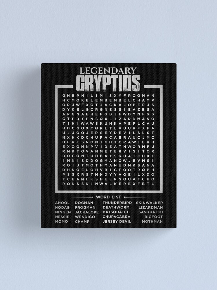 legendary cryptids word search bigfoot mothman dogman wendigo hodag jackalope and more canvas print by natintrovertsoc redbubble