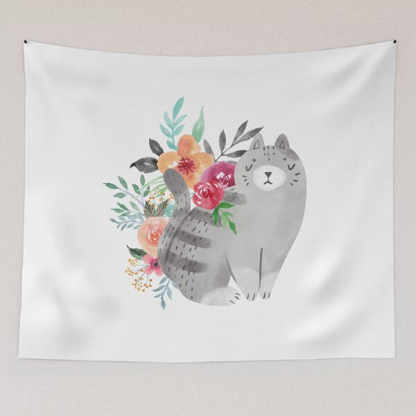 Item preview, Illustrated Watercolor Cat and Flowers | Cute Animal Illustration designed and sold by MiaDelelai.