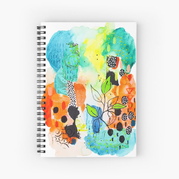 Happy Moments - Abstract mixed media collage with leaves - green/ orange Spiral Notebook
