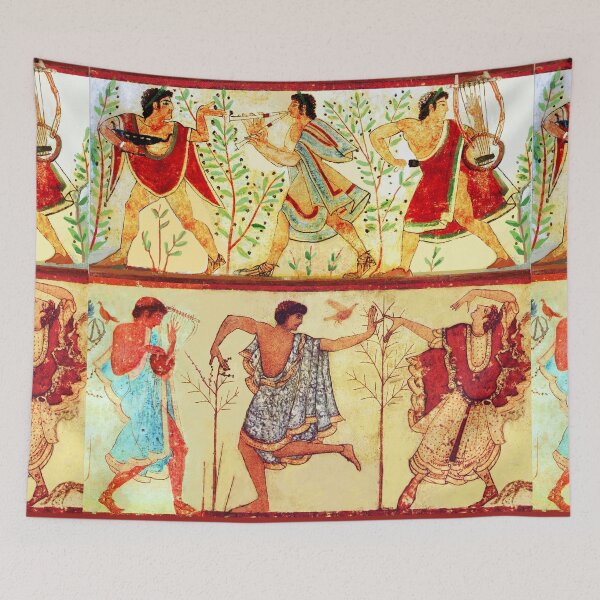 Item preview, ETRUSCAN DANCERS AND MUSICIANS WITH LYRA AND AULOS PLAYER Antique Tarquinia Fresco designed and sold by BulganLumini.