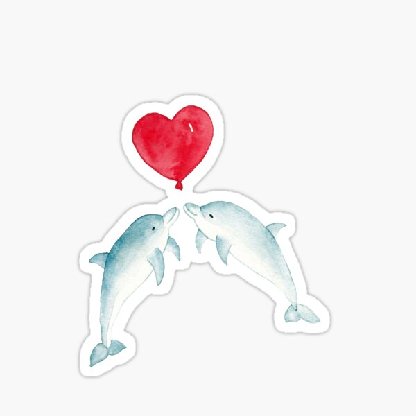 Valentine Dolphins playing with a heart baloon, watercolour Sticker