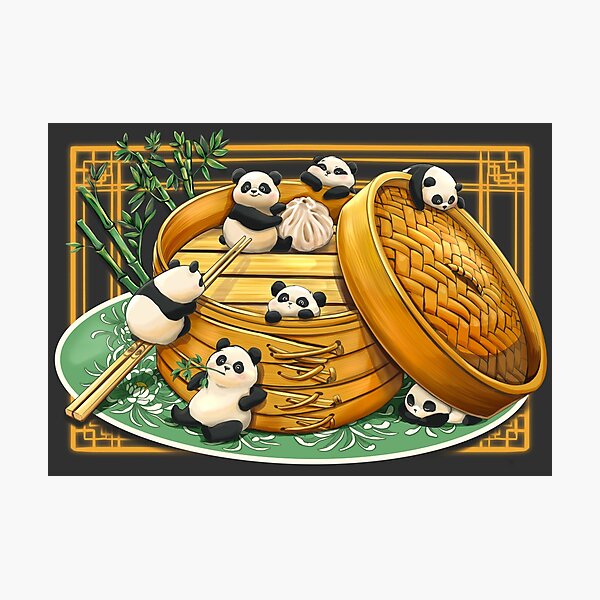 Item preview, Cute Panda Cubs in Bamboo Steamer Stealing Dumplings designed and sold by Gamical.
