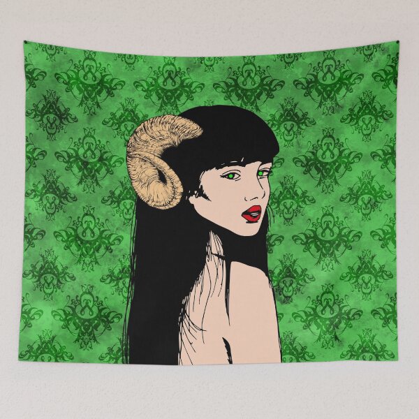 Item preview, Horned woman with green background: gothic and damask pattern designed and sold by keera66.