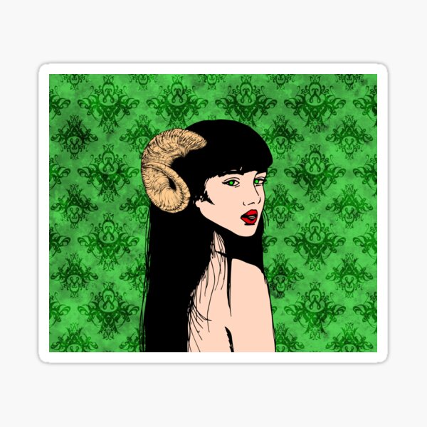 Horned woman with green background: gothic and damask pattern Sticker