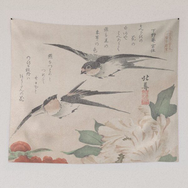 Item preview, Swallows and Peonies - Hokuba Vintage Japanese Art Restored designed and sold by molamode.