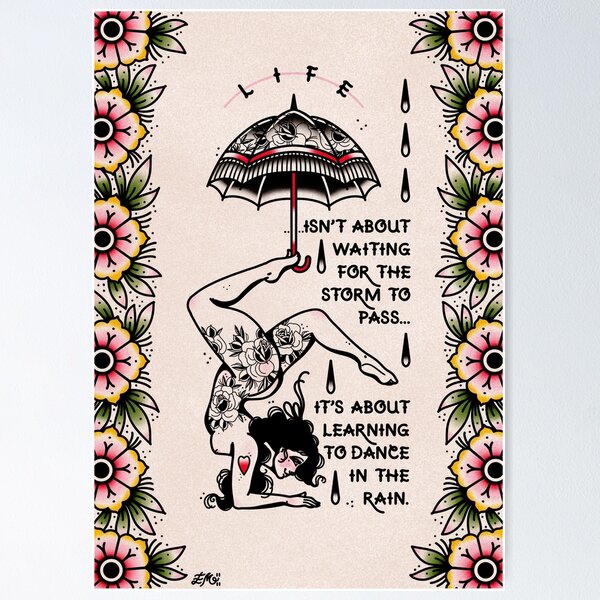 Item preview, Dance in the Rain Acro Girl Umbrella Vintage Romance Traditional Tattoo Flash Style Print by Ella Mobbs Creep Heart designed and sold by Ella Mobbs.