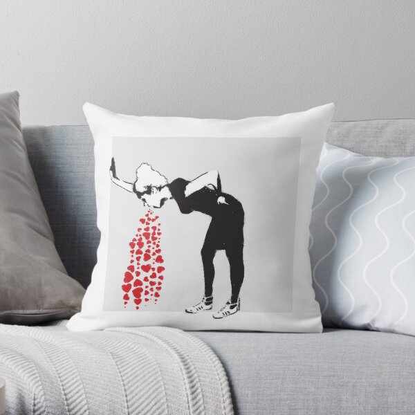 Banksy graffiti Love Sick Woman with snickers vomitting hearts Black and White with grunge texture HD HIGH QUALITY ONLINE STORE Throw Pillow