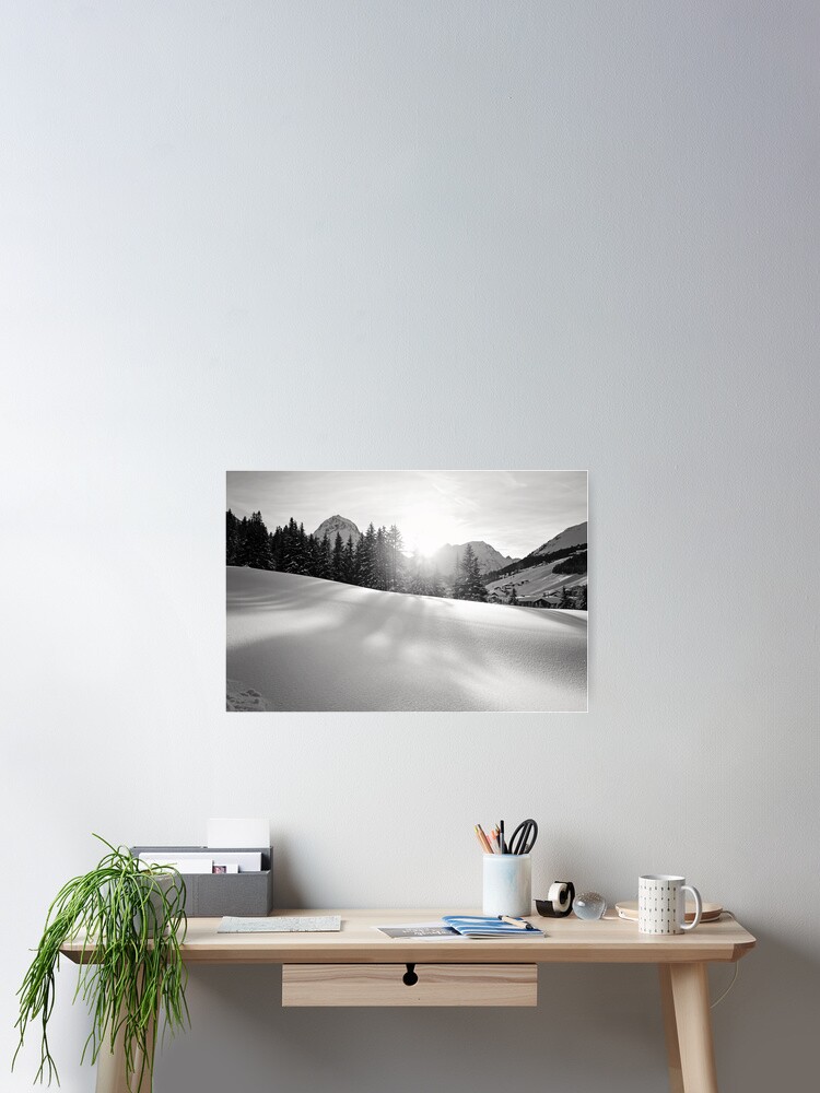 Thumbnail 2 von 3, Poster, Winter Black and White Alps Landscape Mountain Panorama with Sunshine in Austria designt und verkauft von Angela Cini.