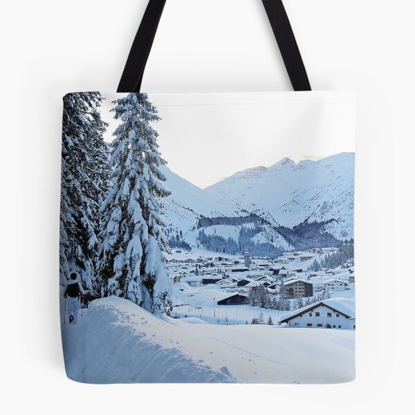 Artikelvorschau, Woman Walking at the Road with view of Village of Lech, Austrian Alps entworfen und verkauft von Angela Cini.
