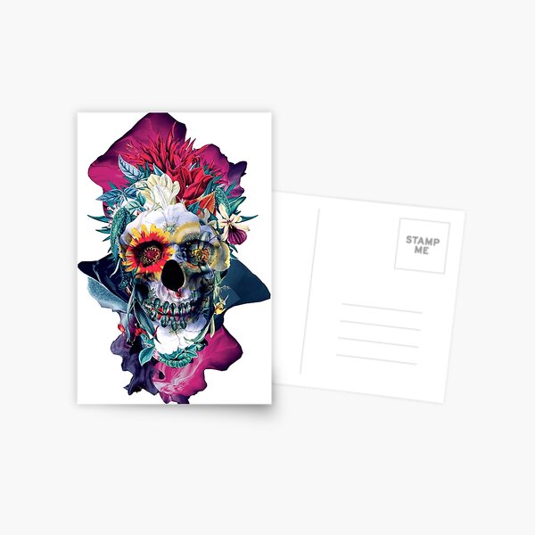 Floral Skull Blue Postcard