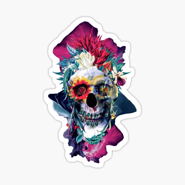 Floral Skull Blue Sticker