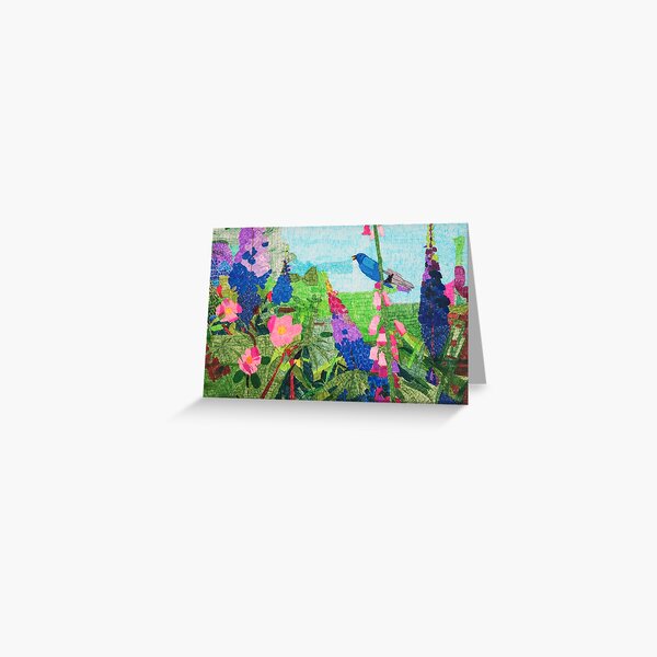 Summer Garden With Bluebird Detailed Ink Drawing Greeting Card