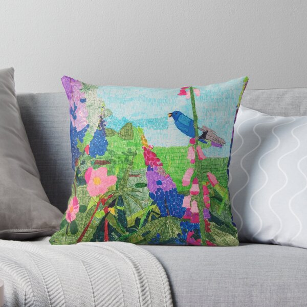 Summer Garden With Bluebird Detailed Ink Drawing Throw Pillow