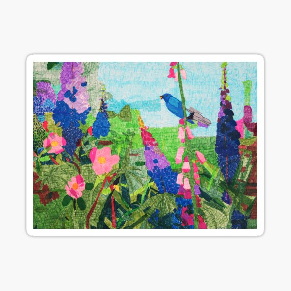 Summer Garden With Bluebird Detailed Ink Drawing Sticker