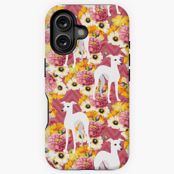 Vista previa del artículo con la obra «Galgos italianos blancos en el jardín de flores rosas», diseñado y vendido por AntiqueImages.