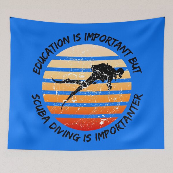 Item preview, Education Is Important But Scuba Diving Is Importanter Grunge Retro Sunset Scuba Diver In Blue designed and sold by LuckyKermit.
