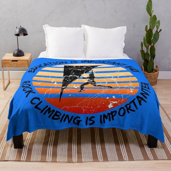 Item preview, Education Is Important But Rock Climbing Is Importanter Grunge Retro Sunset Climber Hanging On A Cliff In Blue designed and sold by LuckyKermit.