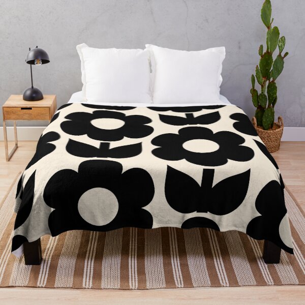 Primrose Flowers Retro Floral Pattern in Black and Almond Cream Throw Blanket