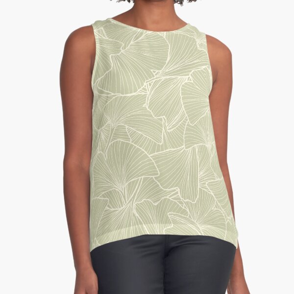 Cream and Sage Ginkgo Print Sleeveless Top