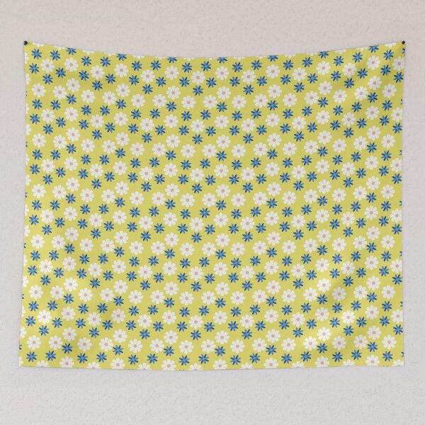 Item preview, 60s Pale Pink  White and Blue Vintage Retro Flowers Floral Sixties Daisies White Blue Flowers on Yellow designed and sold by fairy-taler.