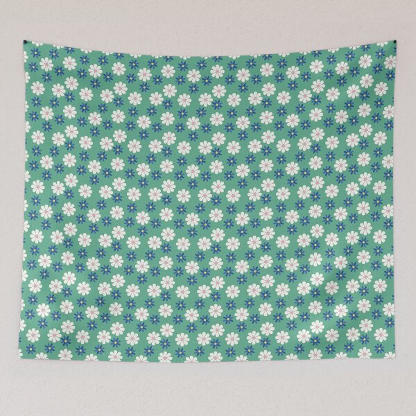 Item preview, 60s Mint Green Vintage Retro Flowers Floral Sixties Daisies White Blue Flowers on Pale Green designed and sold by fairy-taler.