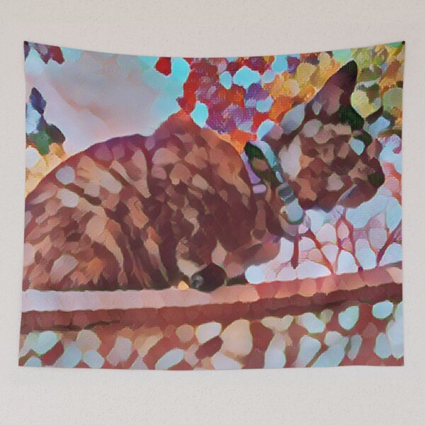 Item preview, tortie cat sitting on a roof dotted design designed and sold by Cora Gregory.