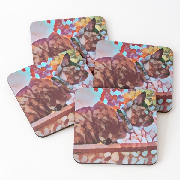 Item preview, tortie cat sitting on a roof dotted design designed and sold by Cora Gregory.