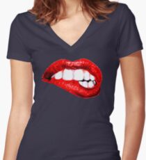 Biting lips Women's Fitted V-Neck T-Shirt