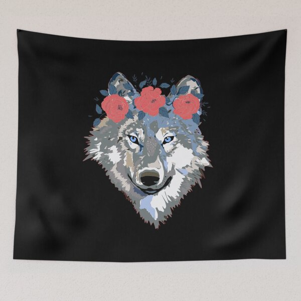 Item preview, Wolf With Flowers Canva print designed and sold by Dailyanimal.