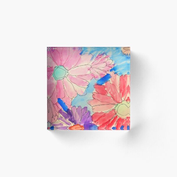 Rainbow Watercolor Flowers Acrylic Block