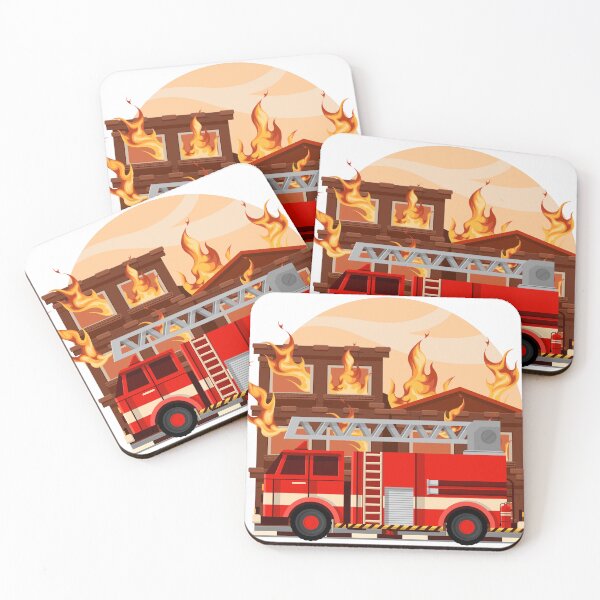 Artikelvorschau, Die Feuerwehr fährt mit einem Feuerwehrauto, um das Feuer im brennenden Haus zu löschen entworfen und verkauft von bau-shop.