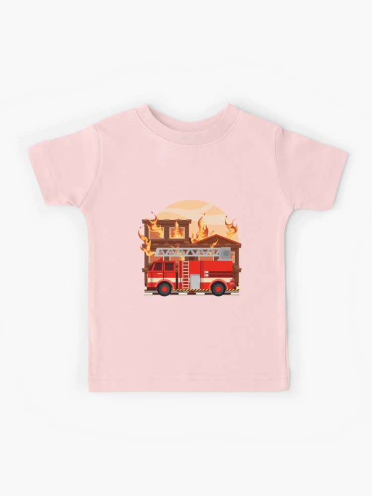 The Fire Brigade Driving A Fire Truck To Put Out The Fire In The Burning  House Kids T-Shirt