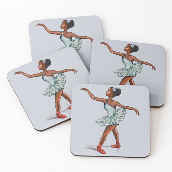 Item preview, Ballerina in blue green dress and in red shoes - ballerina doing pirouette in red tutu and red shoes  - brown skin ballerina designed and sold by Artonmytee.