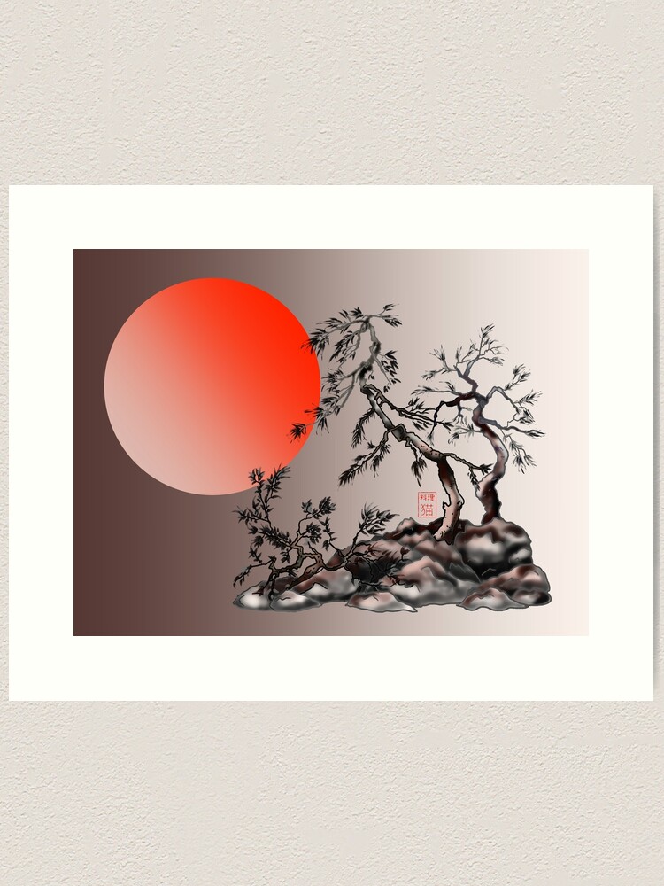 Pretty sumi-e ink and watercolor style Japanese sakura on a pink background  Art Print by cuisine cat (sister site of fantasee)