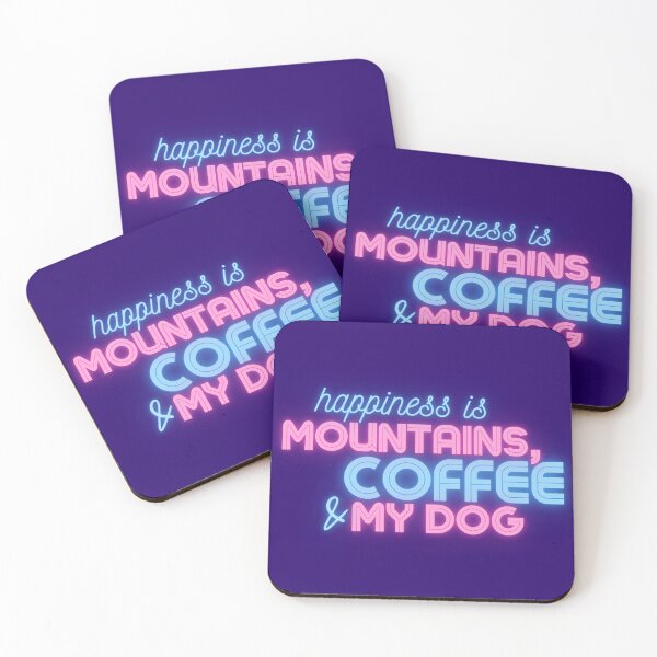 Item preview, Happiness is Mountains, Coffee and my Dog - neon nineties - blue and pink - #37 designed and sold by WildBerryMount.