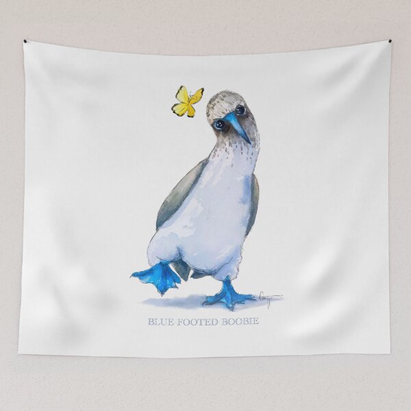 Item preview, Blue-Footed Bird Yellow Butterfly Whimsical Animal Art designed and sold by sheepincognito.