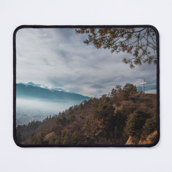 Item preview, Architecture observation lookout point structure in Razlog, Bulgaria. White cross statue in Autumn winter time shot through tree branches. Snowy mountain Pirin. designed and sold by BumbleVee ☀️.