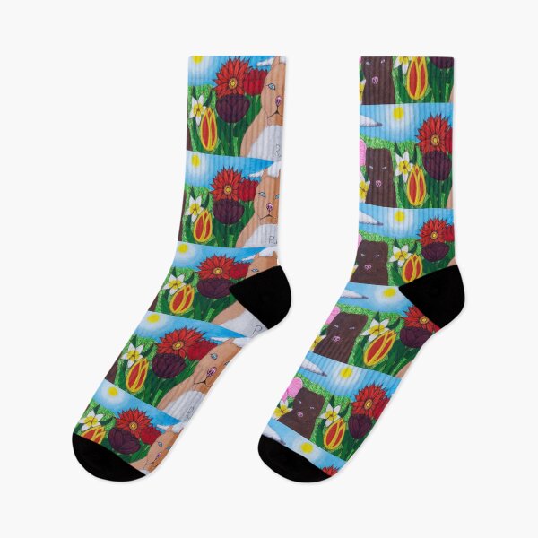 Item preview, Exotic wildcat with staffie dogs in field of flowers designed and sold by Rebekah Gavra.