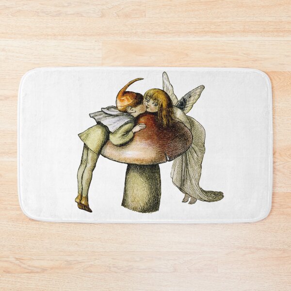 Item preview, Boy elf and girl fairy Kissing over a Mushroom Toadstool Antique Illustration Love is LOVE designed and sold by Vicki Noble Art.