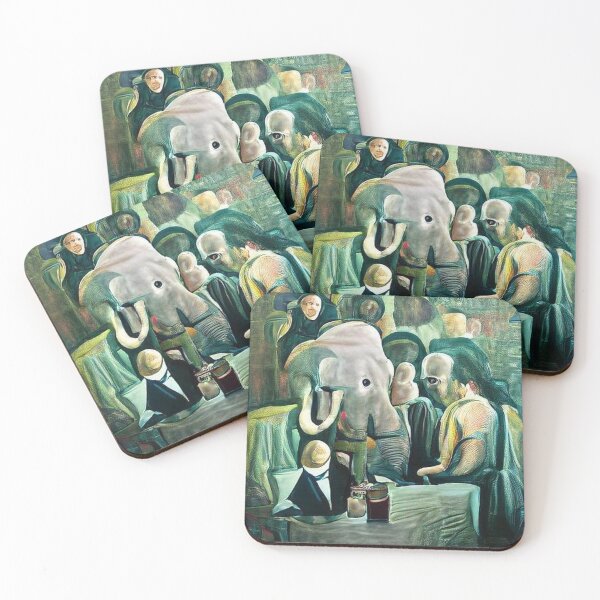 Item preview, AI generated image: dining elephant, oil on canvas designed and sold by Mmark94.