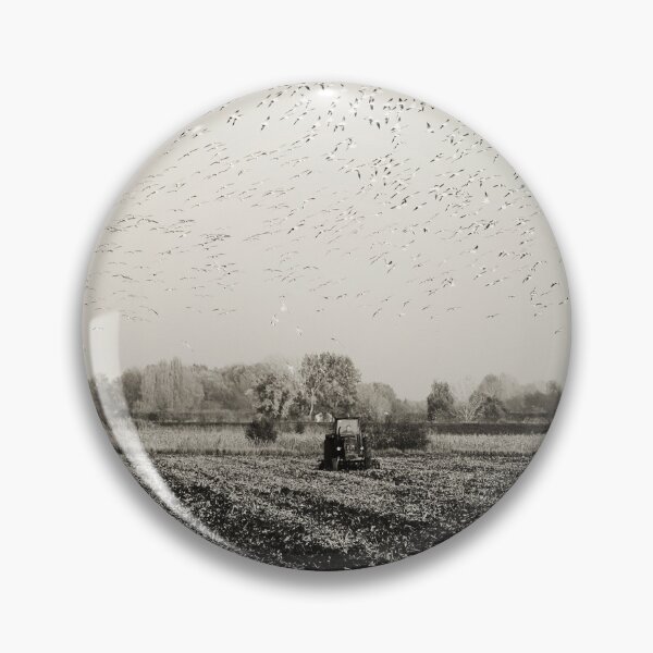 Item preview, Black and White Art Photo of Tractor Working on Agriculture Field with Birds designed and sold by Angela Cini.