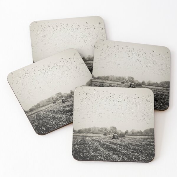 Item preview, Black and White Art Photo of Tractor Working on Agriculture Field with Birds designed and sold by Angela Cini.