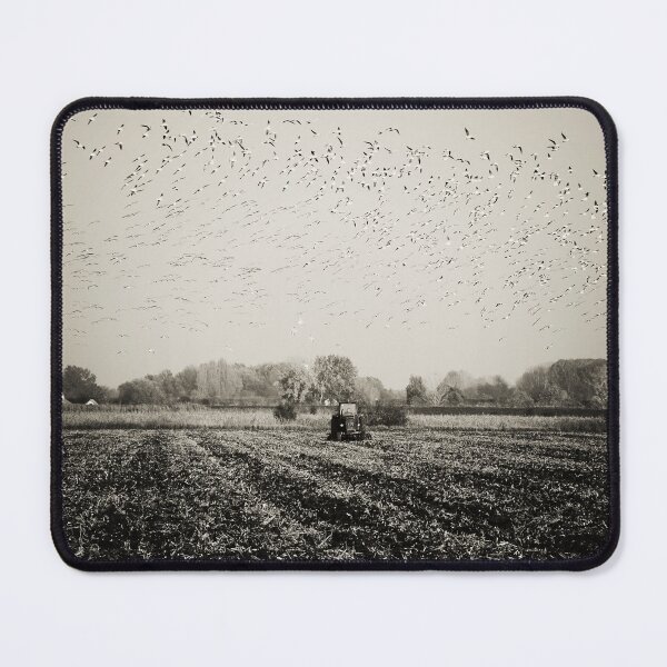 Item preview, Black and White Art Photo of Tractor Working on Agriculture Field with Birds designed and sold by Angela Cini.