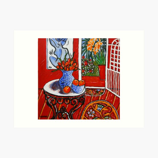 red interior with tropical garden view Art Print