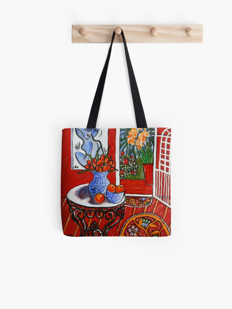 tote bag with red interior